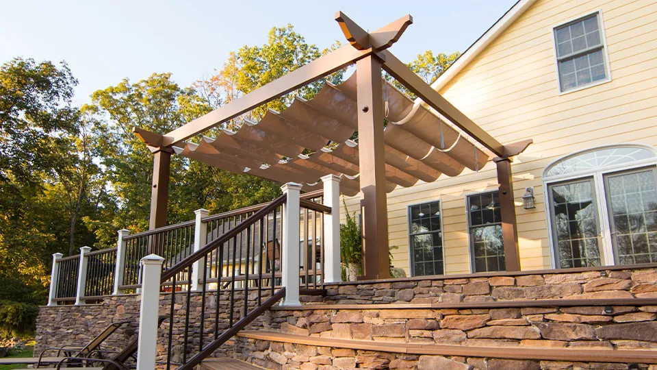 Trex Pergola with canopy shading an outdoor space.