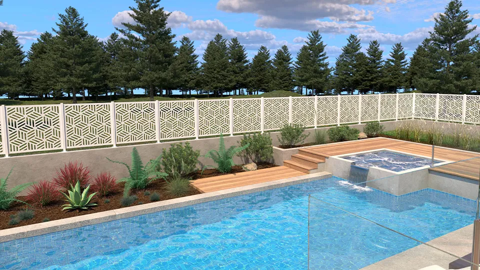 A privacy wall blocking views into a pool.