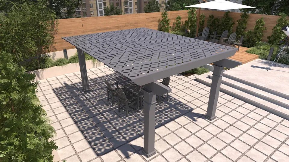 Trex Shade panels on a pergola shading an outdoor dining table.