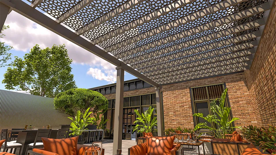Trex Shade perforated metal panels shading a restaurant.