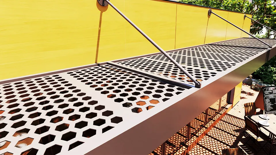 A detailed look at Umbra PSC perforated aluminum canopy.